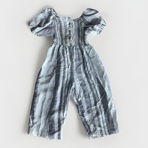 Baby Girl 24M Striped Puff Sleeve Romper Gray White Smocked Cotton Blend - Picture 1 of 4
